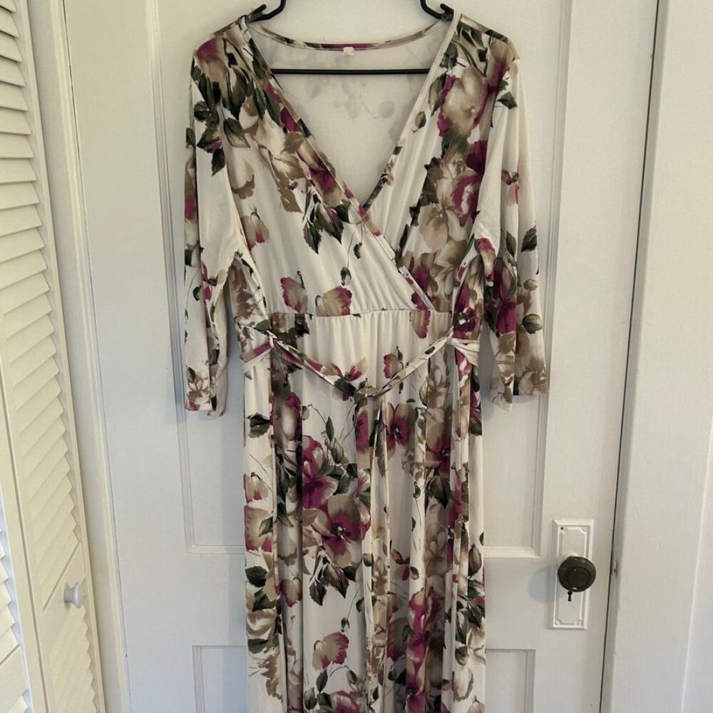 PinkBlush Cream and Purple Floral Print Sash Tie Maternity Maxi Dress, 2X
